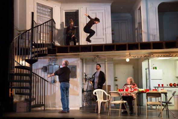 Top: Cassie Beck, Sarah Steele, Bottom: Reed Birney, Arian Moayed, and Jayne Houdyshell (Photo: Sara Krulwich)